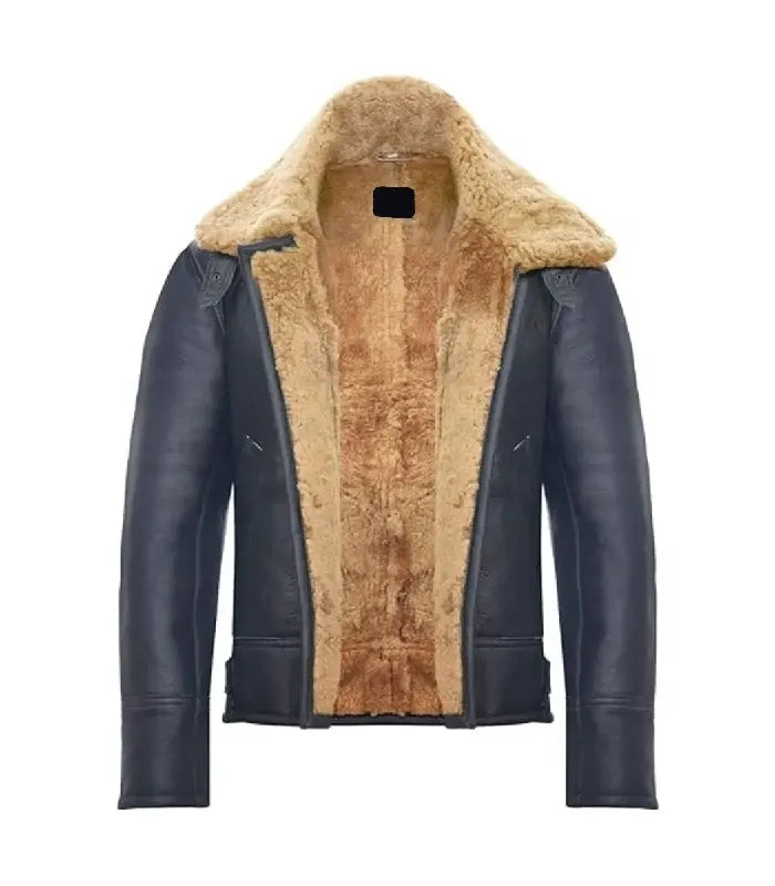 Front open view of a Ginger Black Leather Bomber Shearling Aviator Jacket highlighting the full ginger shearling lining and wide lapel collar.