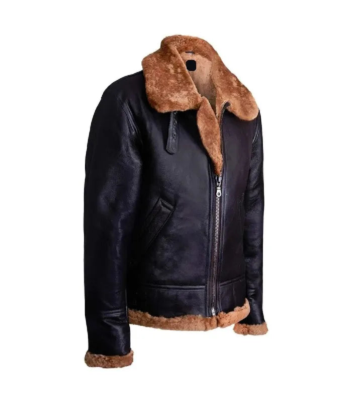 Three-quarter angle view of a Ginger Brown Shearling Aviator Leather Bomber Jacket with a plush shearling collar, throat latch, and side slash pockets.