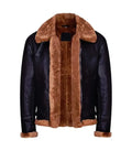 Front open view of a Ginger Brown Shearling Aviator Leather Bomber Jacket showing plush ginger shearling lining, wide collar, and front zip closure.
