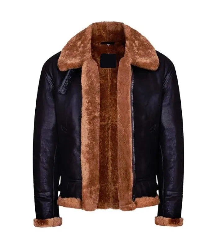 Front open view of a Ginger Brown Shearling Aviator Leather Bomber Jacket showing plush ginger shearling lining, wide collar, and front zip closure.