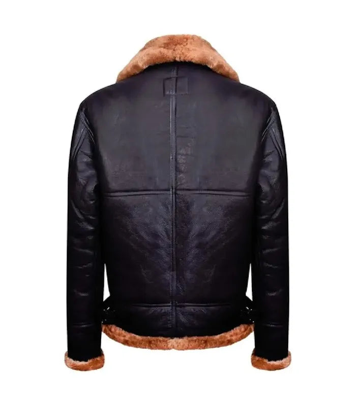 Rear view of a Ginger Brown Shearling Aviator Leather Bomber Jacket featuring horizontal seam stitching, shearling-trimmed hem, and waist adjustment buckles.