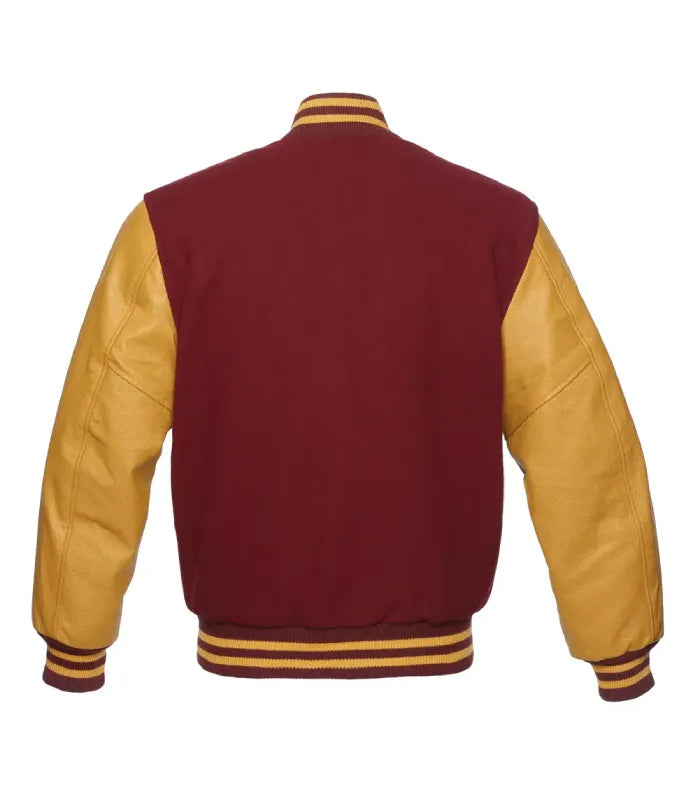 Full back view of deep burgundy wool body paired with yellow-gold leather sleeves and striped rib-knit trim.