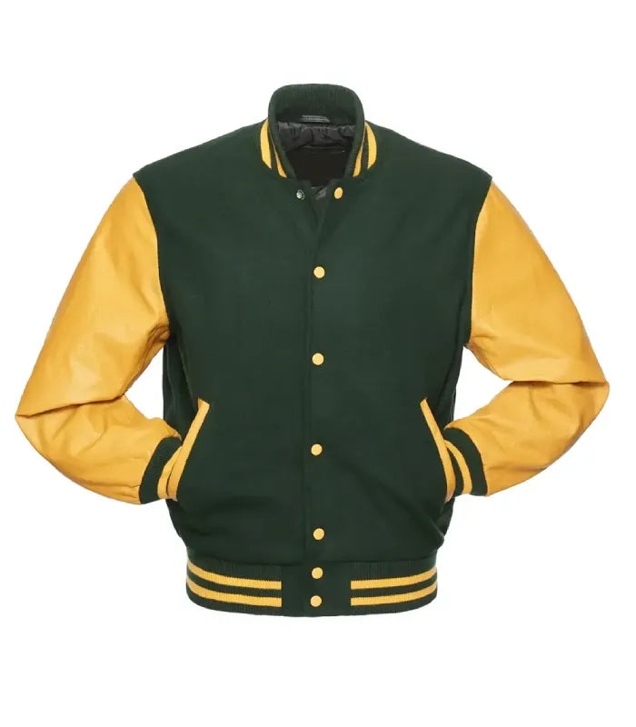 Front view highlighting yellow gold leather pocket welts, gold snap buttons  and green wool body.