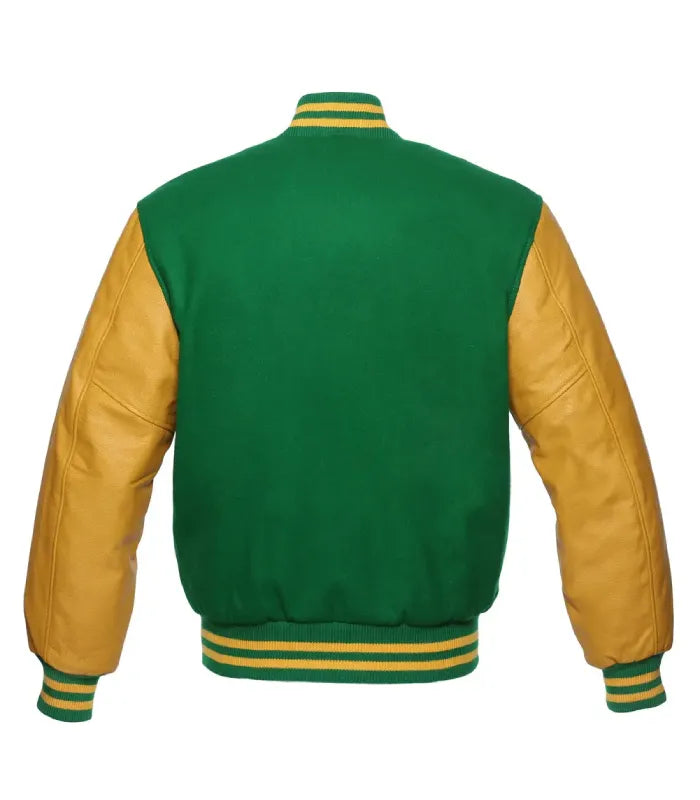 Full back view of vibrant green wool body paired with yellow-gold leather sleeves and striped rib-knit hem.