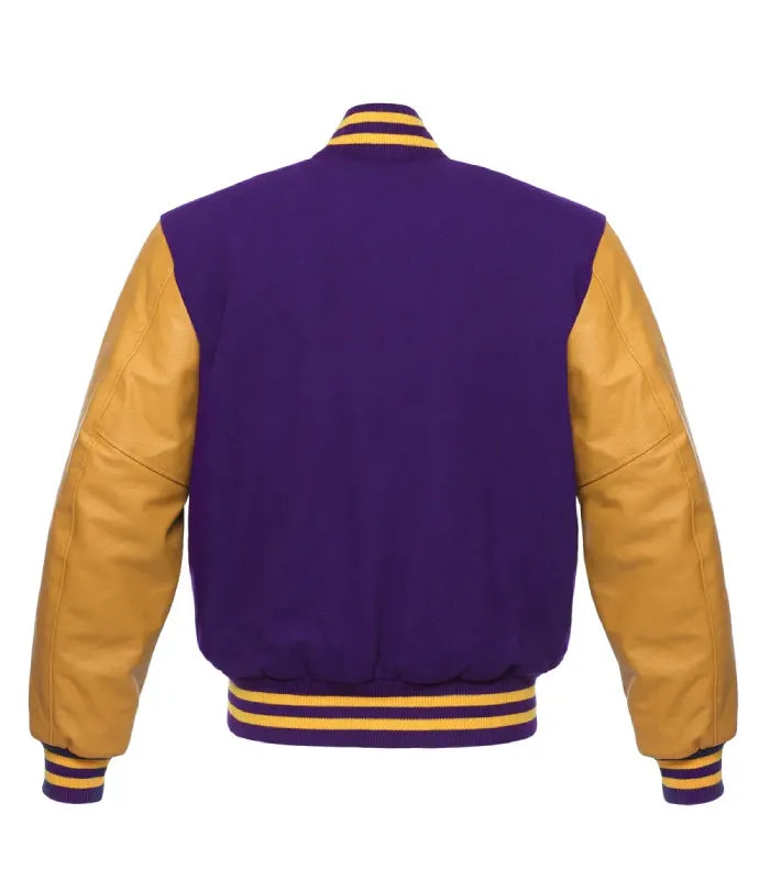 A classic varsity jacket shown from the back, featuring a purple body and gold sleeves, with gold and purple striped ribbing on the collar, cuffs, and hem.