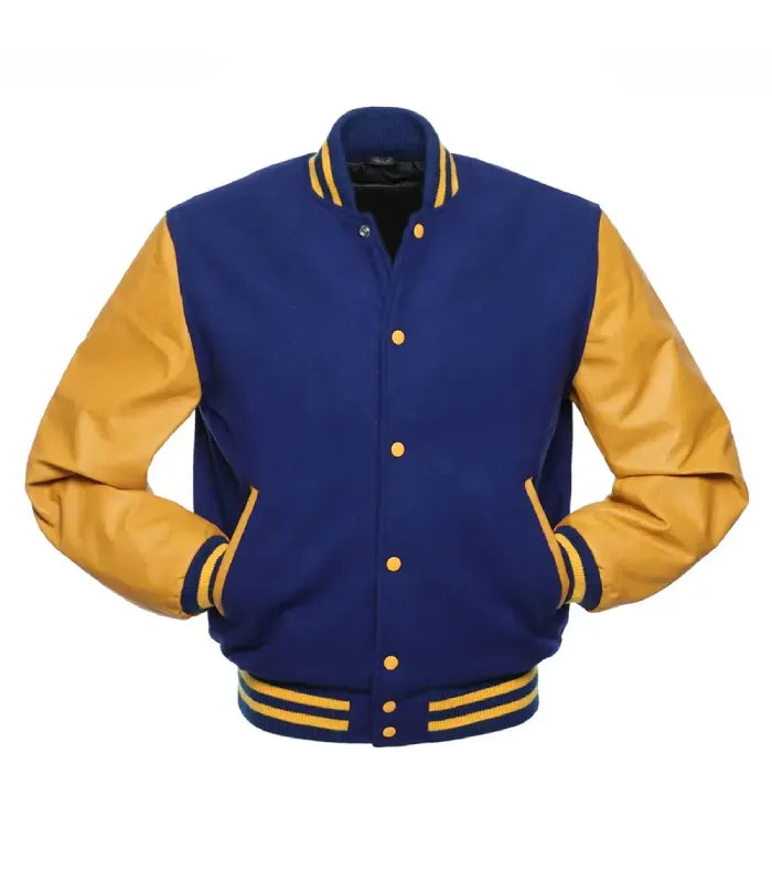 Front profile showing gold leather pocket welts, yellow-gold snap closures, and blue wool body.
