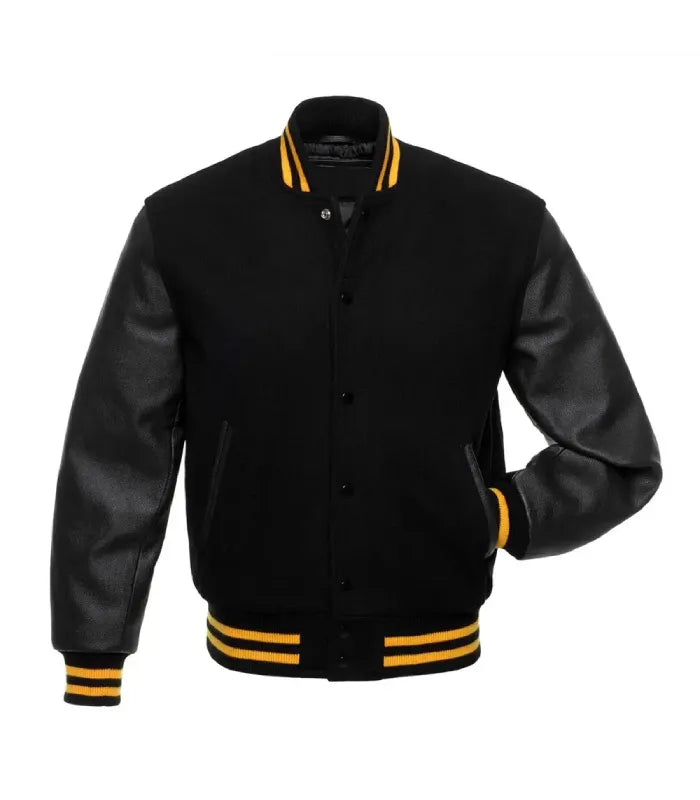 Front view of a Gold Knit Trim Black Varsity Jacket displaying black leather sleeves, snap closure front, welt waist pockets, and yellow gold striped knit collar and waist.