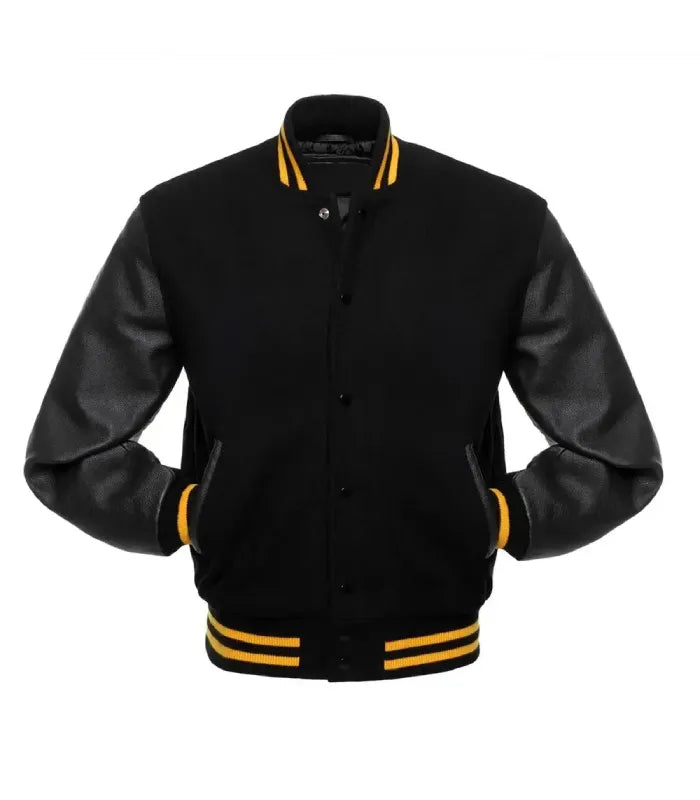 A black varsity jacket with black leather-look sleeves and gold stripe accents on the collar, cuffs and hem shown against a plain white background.