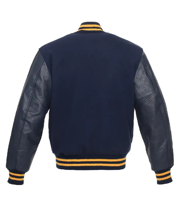 Back view of navy blue varsity jacket with dark leather sleeves and striped gold ribbing at collar and waist.