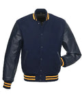 Direct front perspective of navy wool varsity jacket featuring real leather sleeves and gold contrast striped trim.