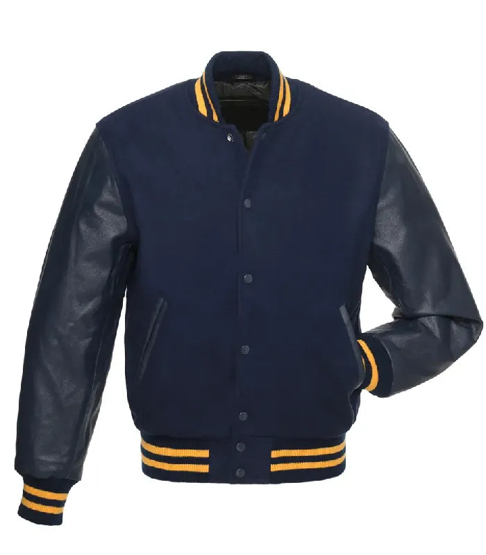 Direct front perspective of navy wool varsity jacket featuring real leather sleeves and gold contrast striped trim.