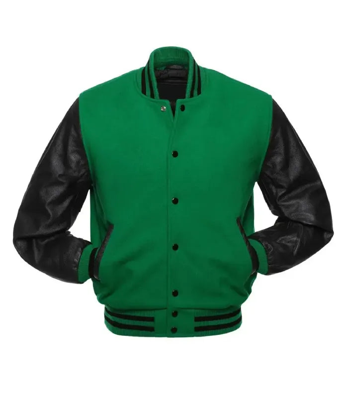Front profile highlighting black leather pocket welts, black snap closure, and green wool body.