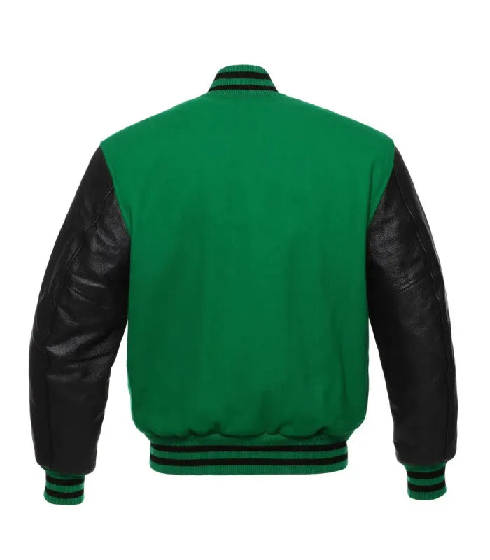 Full back view of vibrant green wool body with black leather sleeves and striped rib-knit trim.
