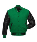 Direct front perspective of green letterman varsity jacket featuring black leather arms and striped collar.