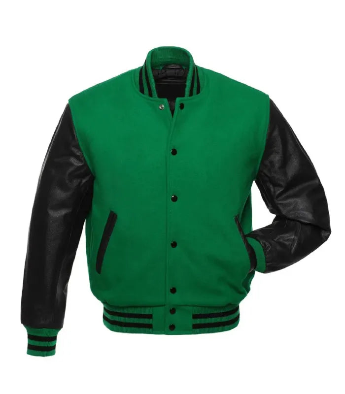 Direct front perspective of green letterman varsity jacket featuring black leather arms and striped collar.