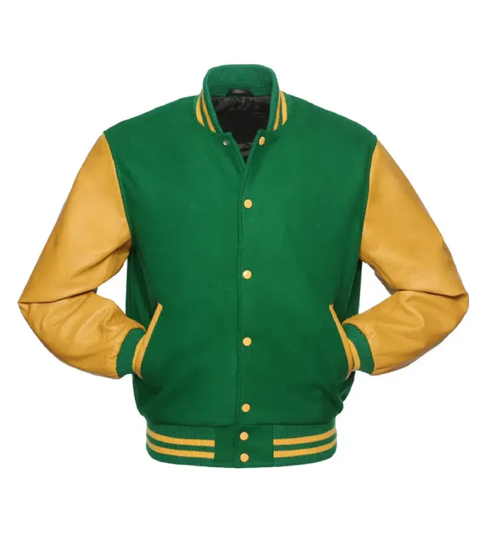 Front profile showing gold leather pocket welts, yellow snap buttons, and forest green wool body.