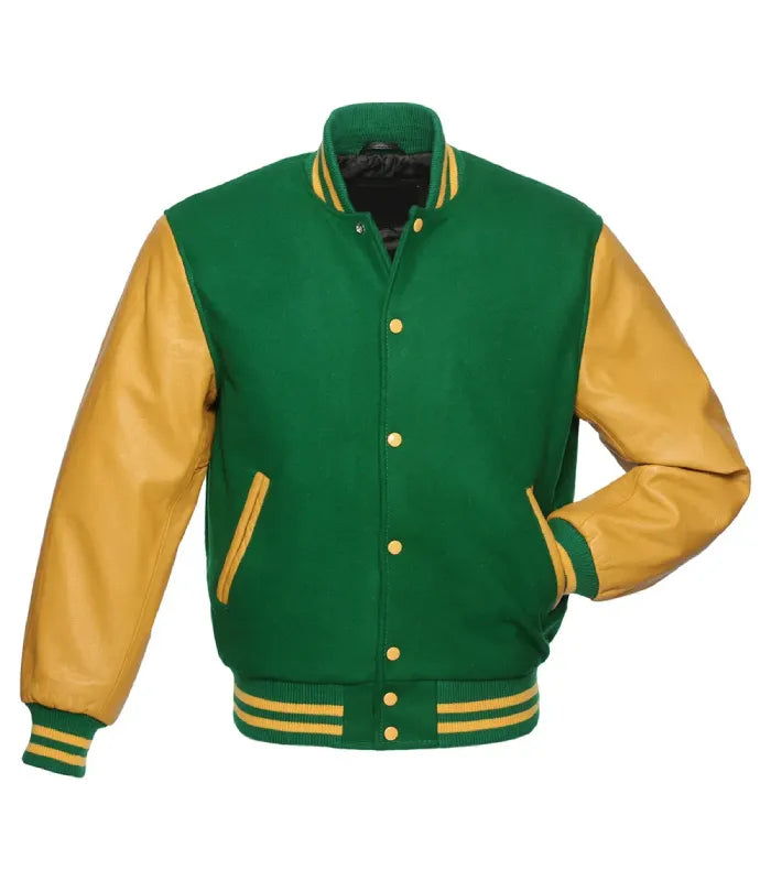 Direct front perspective of green varsity jacket featuring contrast gold leather arms and striped ribbing.