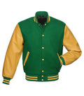 Direct front perspective of green varsity jacket featuring contrast gold leather arms and striped ribbing.