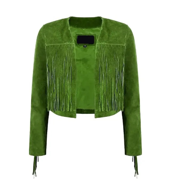 Front view of Green Bolero Fringe Cropped Leather Jacket featuring collarless open-front design, chest tassel fringe, and sleeve trim.