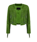 Front view of Green Bolero Fringe Cropped Leather Jacket featuring collarless open-front design, chest tassel fringe, and sleeve trim.