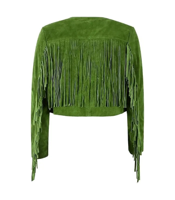 Rear view of Green Bolero Fringe Cropped Leather Jacket featuring full back fringe yoke panel, arm fringe detailing, and cropped hemline.