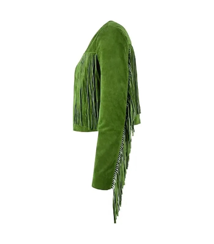 Profile side view of Green Bolero Fringe Cropped Leather Jacket showcasing suede texture, chest fringe panel, and sleeve fringe fall.