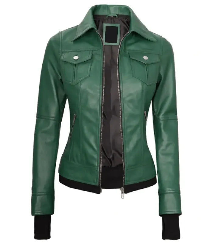 Front view of a women's green leather bomber jacket without the hood attached, featuring a pointed collar, silver zip closure, and buttoned chest pockets.