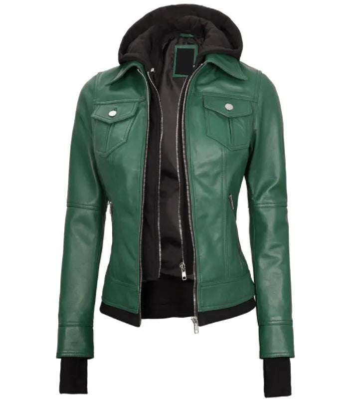 Three-quarter angle view of a women's green hooded leather bomber jacket showcasing layer-style double zippers and extended black wrist cuffs.