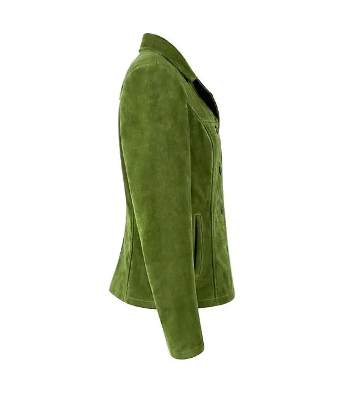 Side view of Womens Green Suede Leather Blazer featuring side welt pocket detail, fitted sleeve construction, and structured waist tailoring.