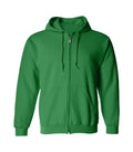 Front view of green zipper hoodie featuring a full zipper closure, matching drawstrings, split kangaroo pockets, and ribbed cuffs.