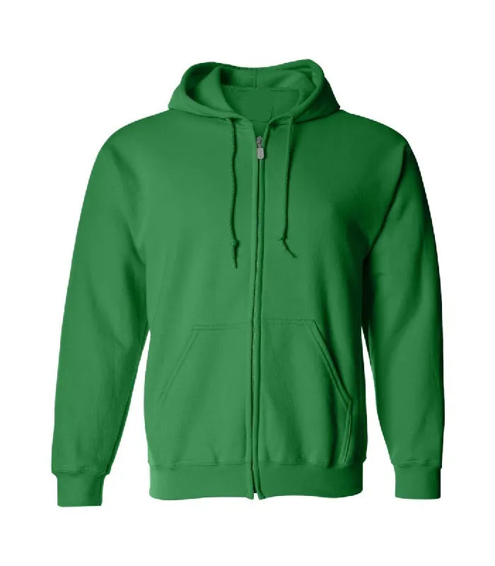 Front view of green zipper hoodie featuring a full zipper closure, matching drawstrings, split kangaroo pockets, and ribbed cuffs.