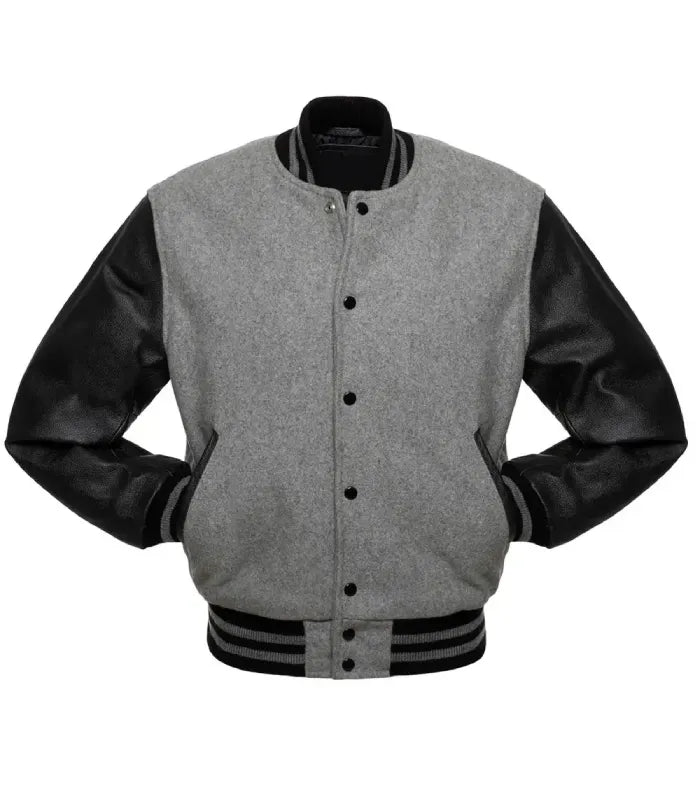 front profile showing heather grey wool body, black leather pocket welts, and black snap closure.