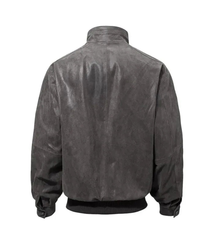 Rear view of Grey Flight Leather Bomber Jacket featuring clean back leather paneling, stand-up collar, and ribbed waist edge.