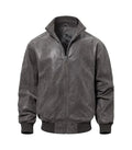 Front view of Grey Flight Leather Bomber Jacket featuring zip closure, stand collar, side welt pockets, and ribbed hem.