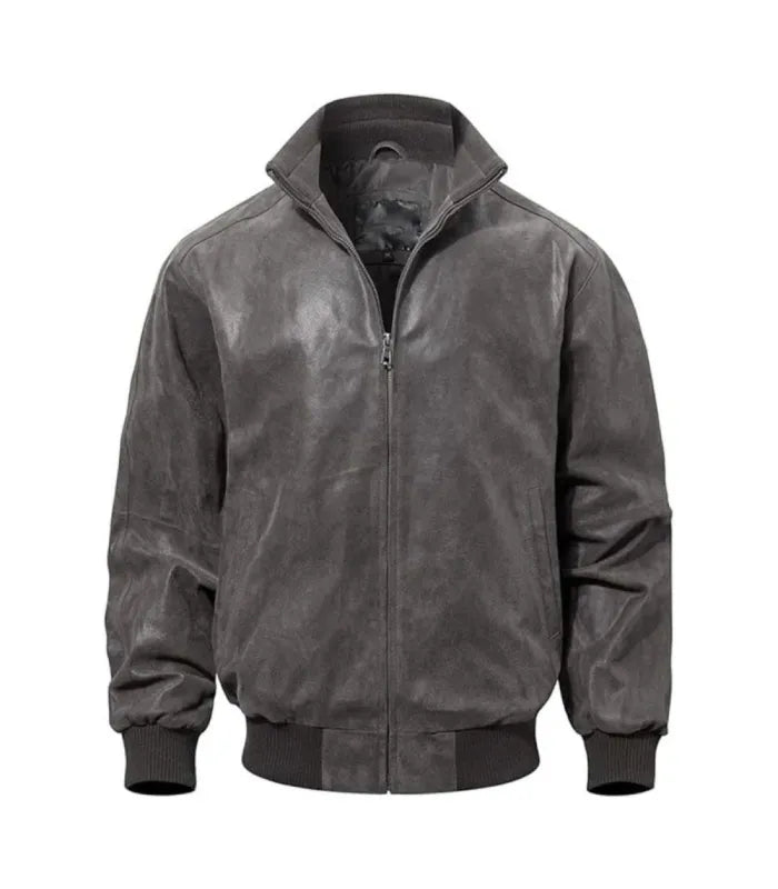 Front view of Grey Flight Leather Bomber Jacket featuring zip closure, stand collar, side welt pockets, and ribbed hem.