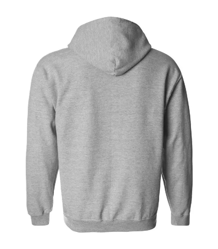 Rear view of Grey Full Zip Hoodie featuring a clean fleece back panel, attached hood, long sleeves, and fitted ribbed waist hemline.