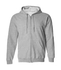Front view of Grey Full Zip Hoodie featuring a full zipper closure, matching drawstrings, split kangaroo pockets, and ribbed cuffs.