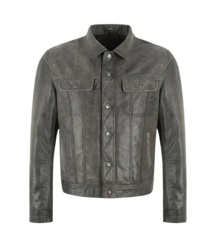 A distressed dark gray leather jacket with a button-up front, pointed collar, and two flap chest pockets, shown on a plain white background.