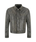 A distressed dark gray leather jacket with a button-up front, pointed collar, and two flap chest pockets, shown on a plain white background.
