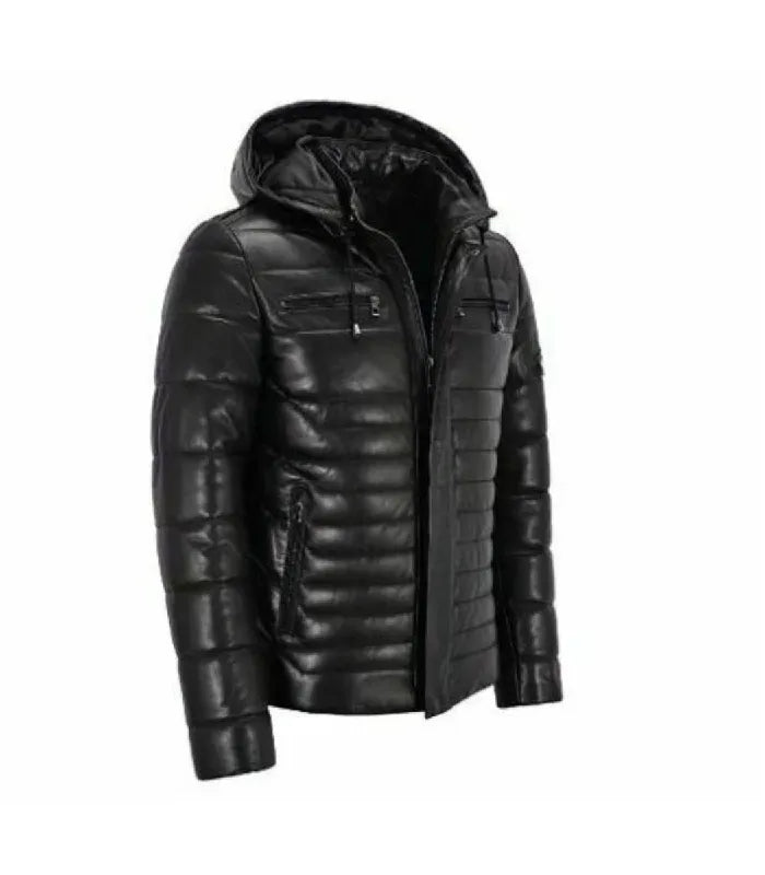 Three-quarter angle view of a Black Hooded Leather Puffer Jacket displaying metallic hardware zippers, adjustable hood toggles, and quilted sleeve construction.