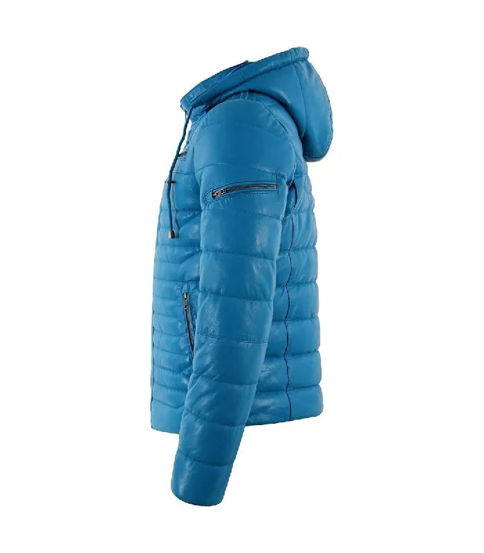 Side view of a Blue Hooded Leather Puffer Jacket showing quilted arm baffles, an upper arm zipper pocket, and side waist pocket.