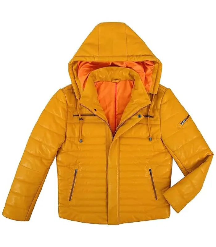 Front open view of a Yellow Hooded Leather Puffer Jacket featuring horizontal quilted padding, a bright orange inner lining, high neck collar, adjustable hood drawstrings, zipper chest pockets, and waist zip pockets.