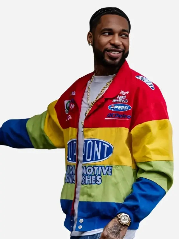 Man wearing Jeff Gordon Hendrick Motorsports twill uniform jacket side view