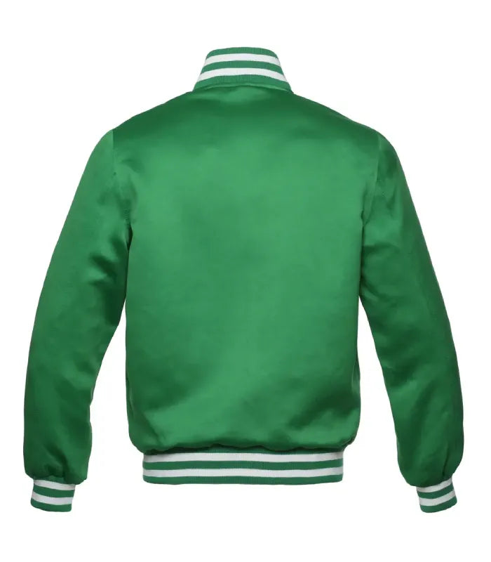 Rear view of a Kelly green satin varsity jacket showcasing smooth satiny back finish with white striped rib-knit collar, cuffs, and hem waistband.