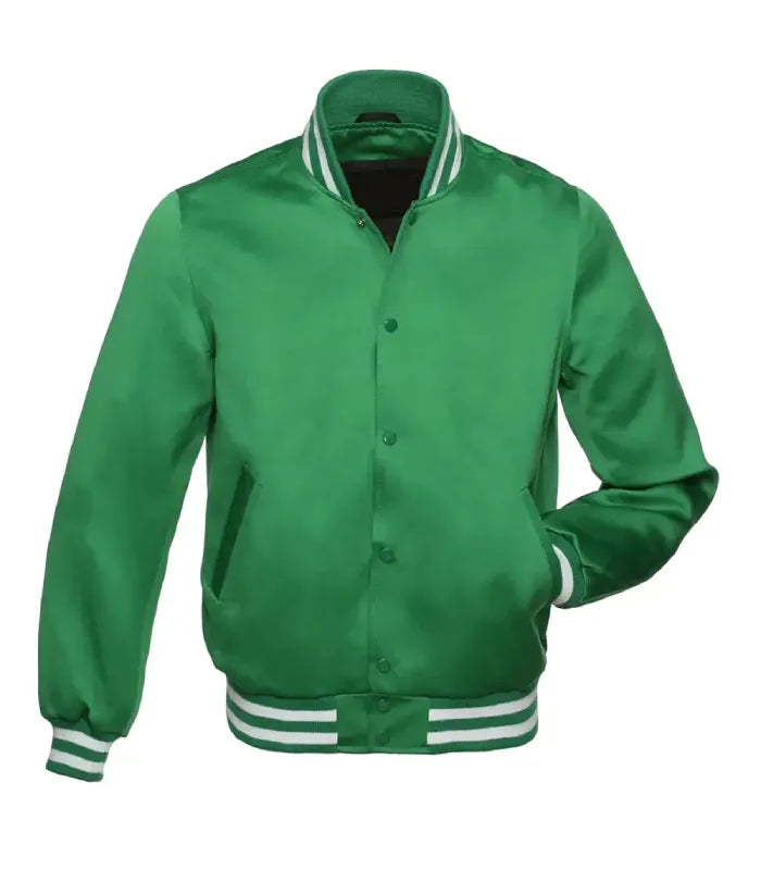 Front view of a Kelly green satin varsity jacket featuring snap-button closure, side welt pockets, and white striped rib-knit trims.