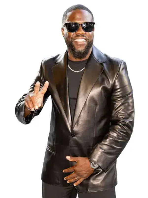 Kevin Hart black leather blazer front view showing the lapel collar and button closure