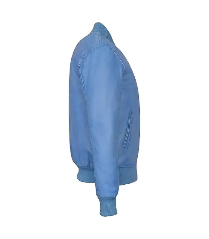 Side profile view of a light blue leather bomber jacket showcasing sleeve stitching and matching ribbed cuff.