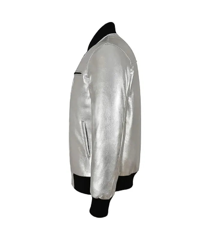 Profile view of a metallic silver leather bomber jacket with contrasting black ribbed collar, cuff, and waist trim.