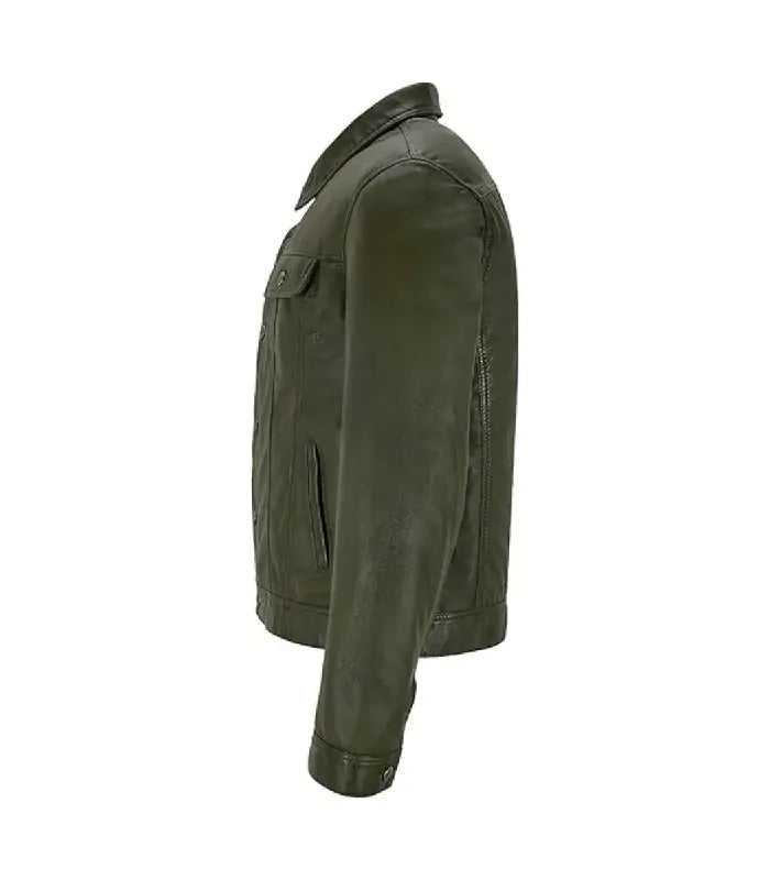 An olive green leather jacket shown from a side profile view against a plain white background.