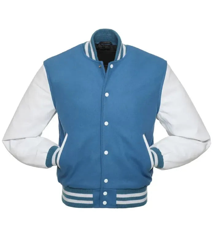 Direct front perspective of light blue varsity jacket featuring white leather sleeves and matching striped ribbing.